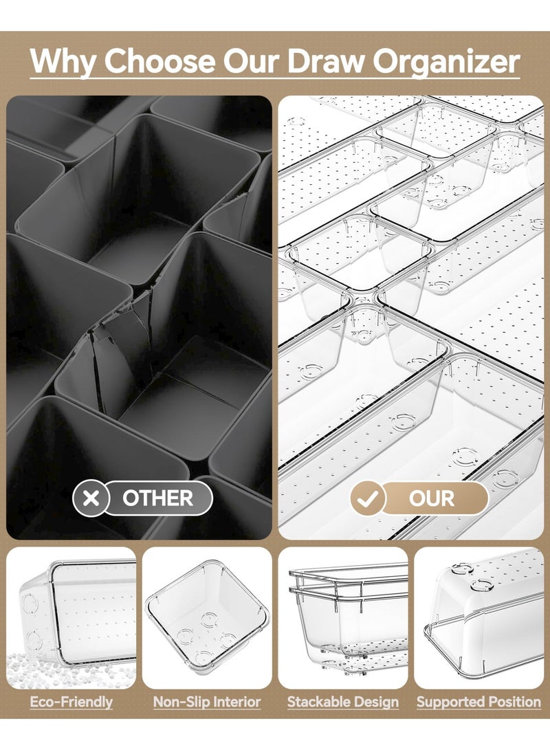 LODROC 25 PCS Plastic Drawer Organizers Set, 4 Sizes Vanity Organizer, Makeup and Desk Drawer Organizer Trays, Organization and Storage for Makeup Jewelry Office Kitchen Gadgets (Clear) - Image 5